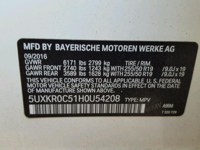 5UXKR0C51H0U54208 - 2017 BMW X5 XDRIVE3 WHITE photo 10