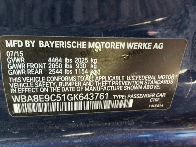 WBA8E9C51GK643761 - 2016 BMW 328 I SULE BLUE photo 10