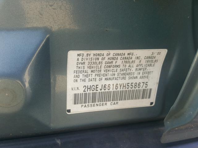 2HGEJ6616YH558675 - 2000 HONDA CIVIC BASE 蓝色 照片 10