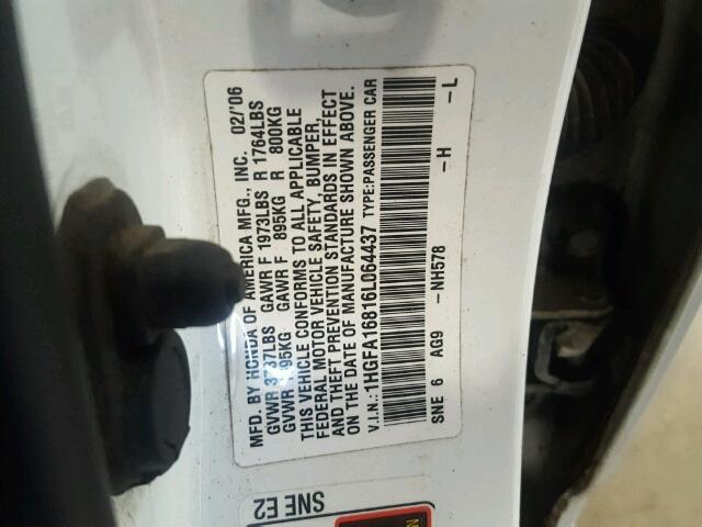 1HGFA16816L064437 - 2006 HONDA CIVIC EX 白色 照片 10