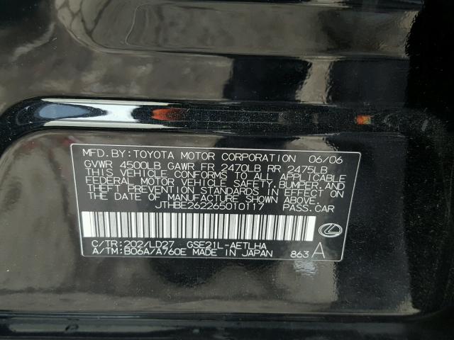 JTHBE262265010117 - 2006 LEXUS IS 350 BLACK photo 10