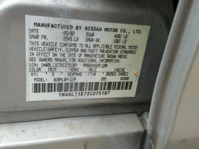 1N4AL11E72C275187 - 2002 NISSAN ALTIMA BAS SILVER photo 10