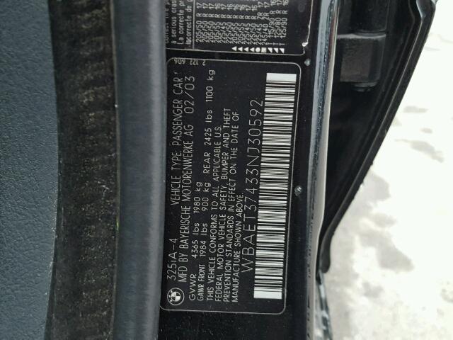 WBAET37433NJ30592 - 2003 BMW 325 I BLACK photo 10