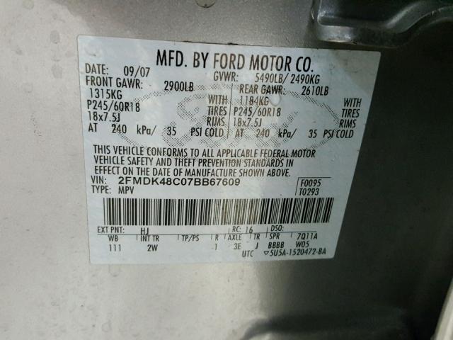 2FMDK48C07BB67609 - 2007 FORD EDGE Сріблястий фото 10