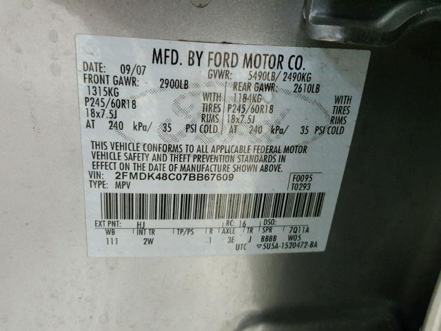 2FMDK48C07BB67609 - 2007 FORD EDGE SILVER photo 10