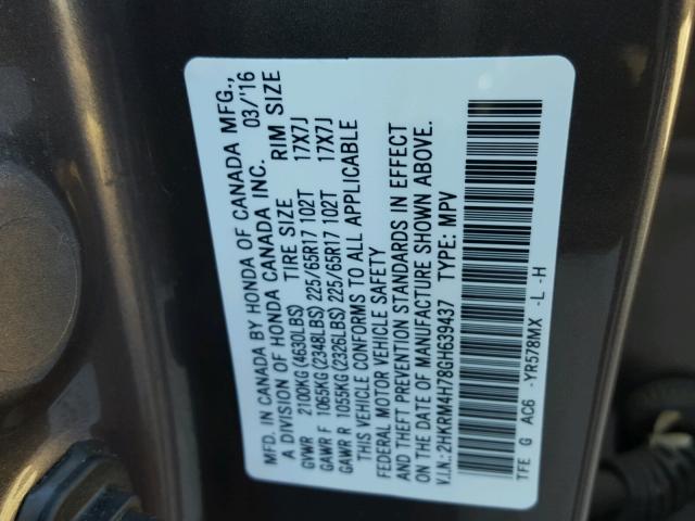 2HKRM4H78GH639437 - 2016 HONDA CR-V GRAY photo 10