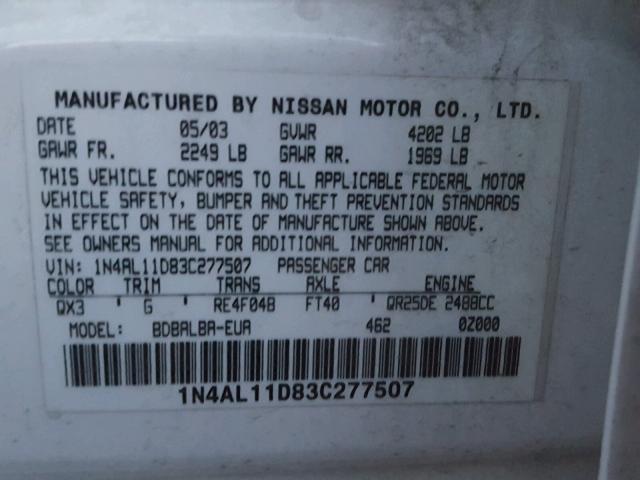 1N4AL11D83C277507 - 2003 NISSAN ALTIMA BAS WHITE photo 10