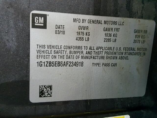 1G1ZB5EB6AF234918 - 2010 CHEVROLET MALIBU LS ნაცრისფერი ფოტო 10