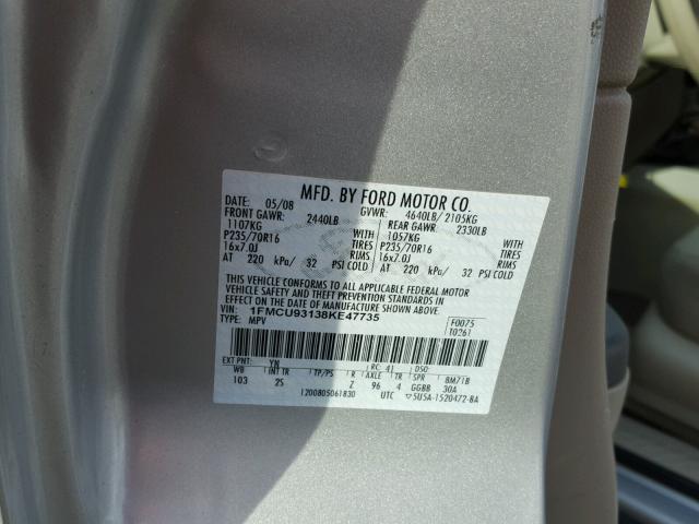 1FMCU93138KE47735 - 2008 FORD ESCAPE XLT SILVER photo 10