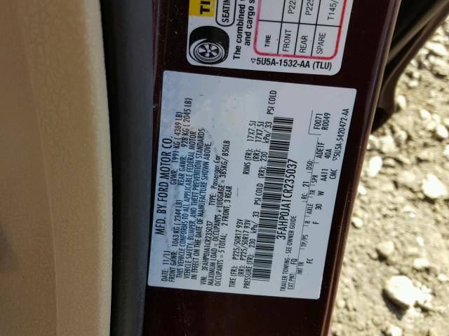 3FAHP0JA1CR235037 - 2012 FORD FUSION SEL BURGUNDY photo 10