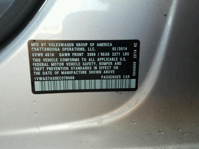 1VWAS7A33EC079098 - 2014 VOLKSWAGEN PASSAT S فضي صورة 10
