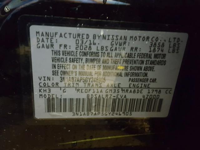 3N1AB7AP5GY246905 - 2016 NISSAN SENTRA S BLACK photo 10