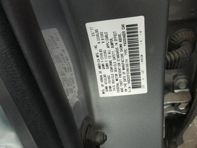 1HGCR2F32HA189774 - 2017 HONDA ACCORD LX GRAY photo 10