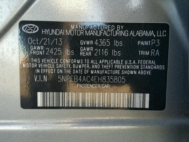 5NPEB4AC4EH835805 - 2014 HYUNDAI SONATA GLS CHARCOAL photo 10