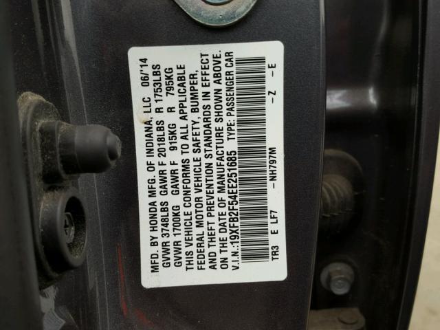 19XFB2F54EE251685 - 2014 HONDA CIVIC LX GRAY photo 10