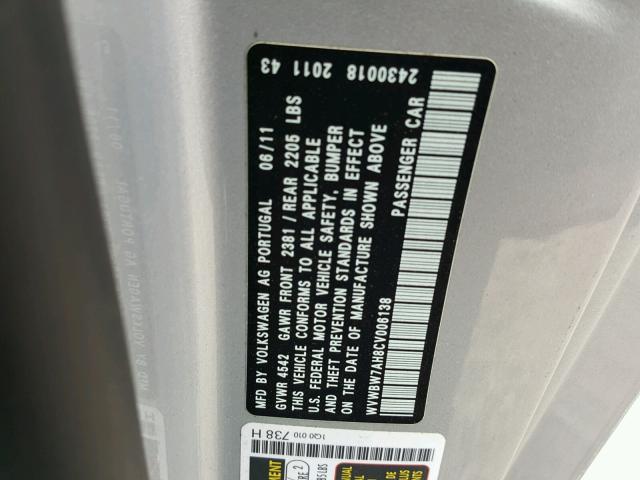 WVWBW7AH8CV006138 - 2012 VOLKSWAGEN EOS KOMFOR ვერცხლისფერი ფოტო 10