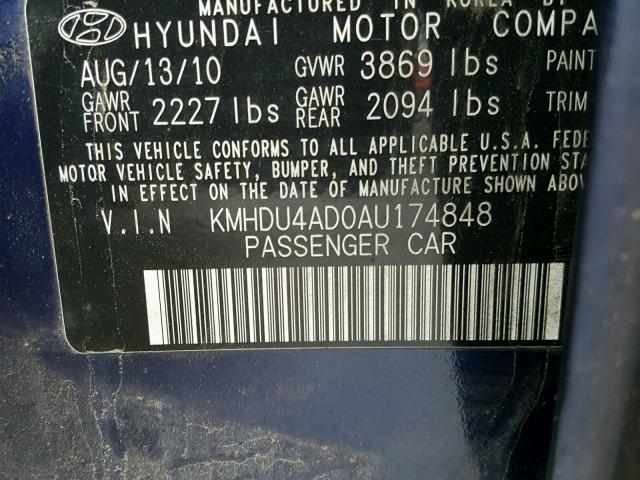 KMHDU4AD0AU174848 - 2010 HYUNDAI ELANTRA BL BLUE photo 10