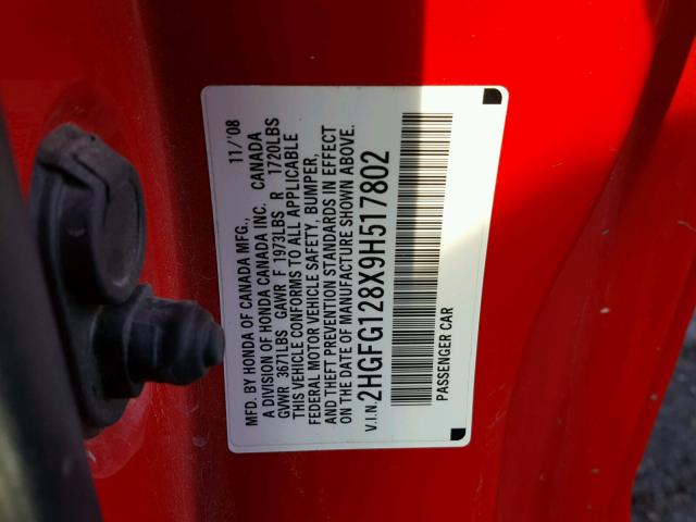 2HGFG128X9H517802 - 2009 HONDA CIVIC EX RED photo 10