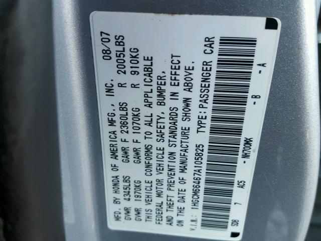 1HGCM66467A105825 - 2007 HONDA ACCORD SE SILVER photo 10