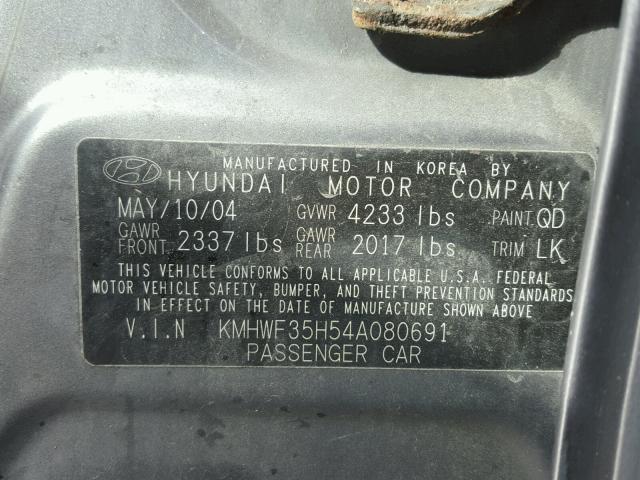 KMHWF35H54A080691 - 2004 HYUNDAI SONATA GLS GRAY photo 10