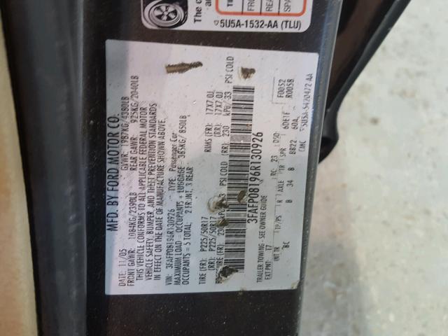 3FAFP08196R130926 - 2006 FORD FUSION SEL BLACK photo 10