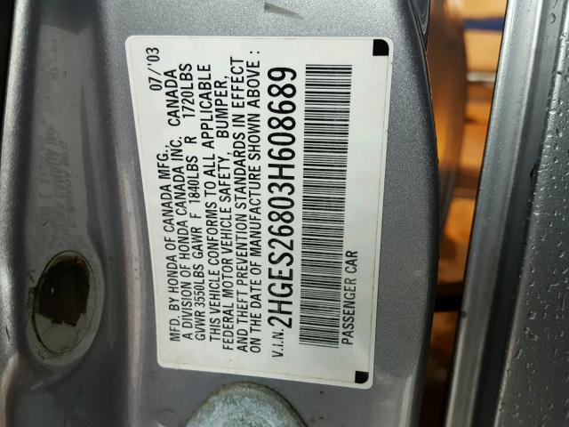 2HGES26803H608689 - 2003 HONDA CIVIC EX SILVER photo 10