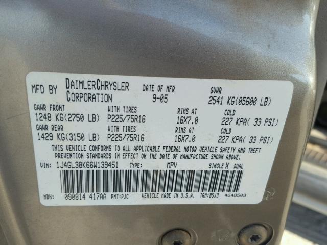 1J4GL38K66W139451 - 2006 JEEP LIBERTY RE TAN photo 10