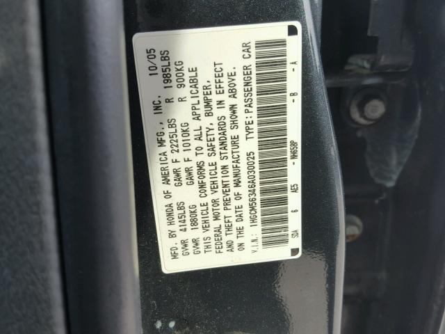 1HGCM56346A030025 - 2006 HONDA ACCORD SE GRAY photo 10