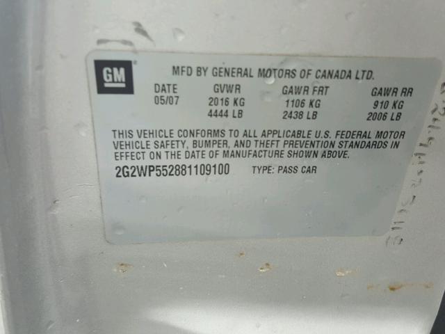 2G2WP552881109100 - 2008 PONTIAC GRAND PRIX SILVER photo 10