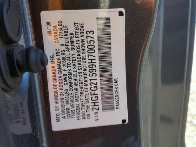 2HGFG21599H700573 - 2009 HONDA CIVIC GRAY photo 10