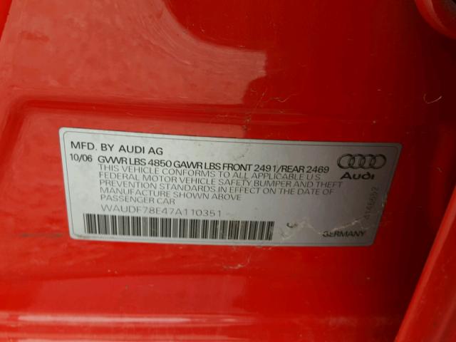 WAUDF78E47A110351 - 2007 AUDI A4 2.0T QU RED photo 10