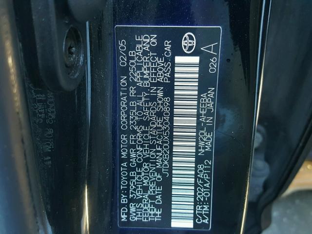 JTDKB20UX53040898 - 2005 TOYOTA PRIUS 黑色 照片 10