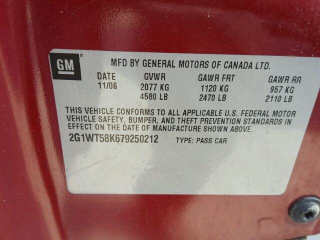 2G1WT58K679250212 - 2007 CHEVROLET IMPALA LT RED photo 10