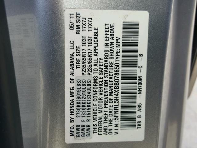 5FNRL5H4XBB078650 - 2011 HONDA ODYSSEY EX SILVER photo 10