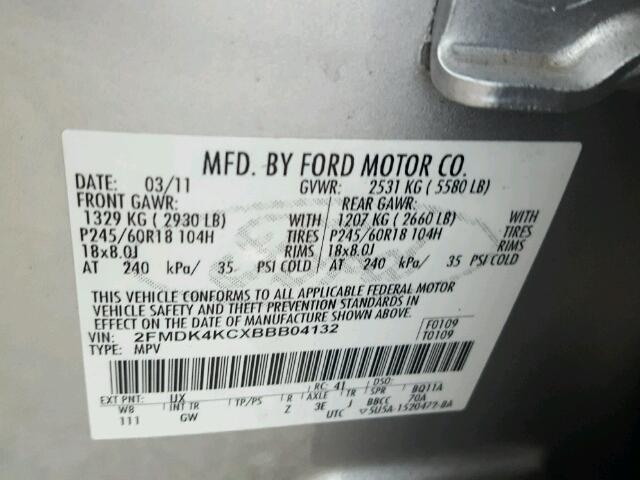 2FMDK4KCXBBB04132 - 2011 FORD EDGE LIMIT SILVER photo 10