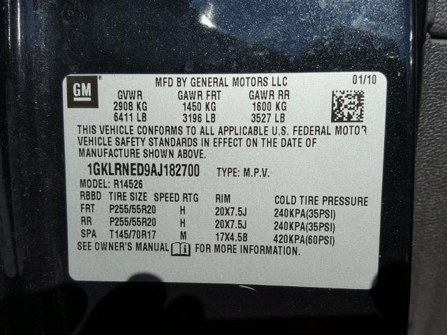 1GKLRNED9AJ182700 - 2010 GMC ACADIA SLT BLACK photo 10