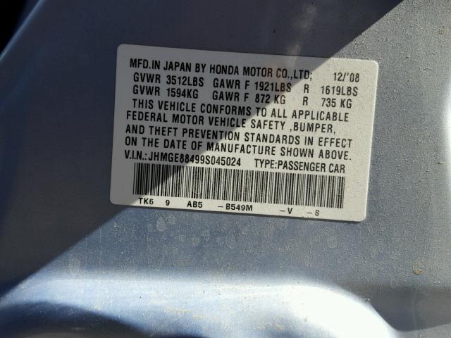 JHMGE88499S045024 - 2009 HONDA FIT SPORT SILVER photo 10