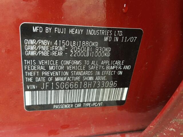 JF1SG66618H733096 - 2008 SUBARU FORESTER S RED photo 10