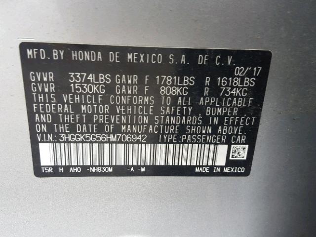 3HGGK5G56HM706942 - 2017 HONDA FIT LX SILVER photo 10