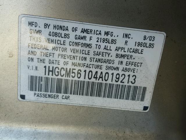 1HGCM56104A019213 - 2004 HONDA ACCORD DX GOLD photo 10