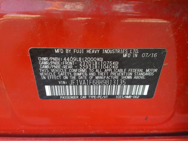 JF1VA1F68H9813135 - 2017 SUBARU WRX PREMIU RED photo 10