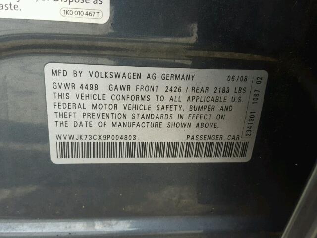 WVWJK73CX9P004803 - 2009 VOLKSWAGEN PASSAT GRAY photo 10