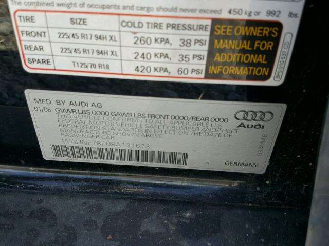 WAUNF78P08A131673 - 2008 AUDI A3 2.0 PRE BLACK photo 10