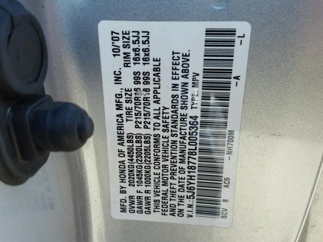 5J6YH18778L005364 - 2008 HONDA ELEMENT EX SILVER photo 10