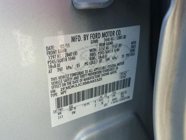 2FMDK3JC3BBA93325 - 2011 FORD EDGE SEL SILVER photo 10