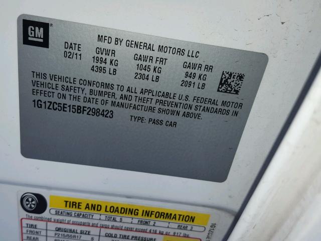 1G1ZC5E15BF298423 - 2011 CHEVROLET MALIBU 1LT WHITE photo 10