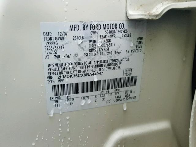 2FMDK36CX8BA44947 - 2008 FORD EDGE SE WHITE photo 10