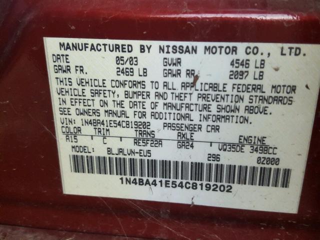 1N4BA41E54C819202 - 2004 NISSAN MAXIMA SE BURGUNDY photo 10