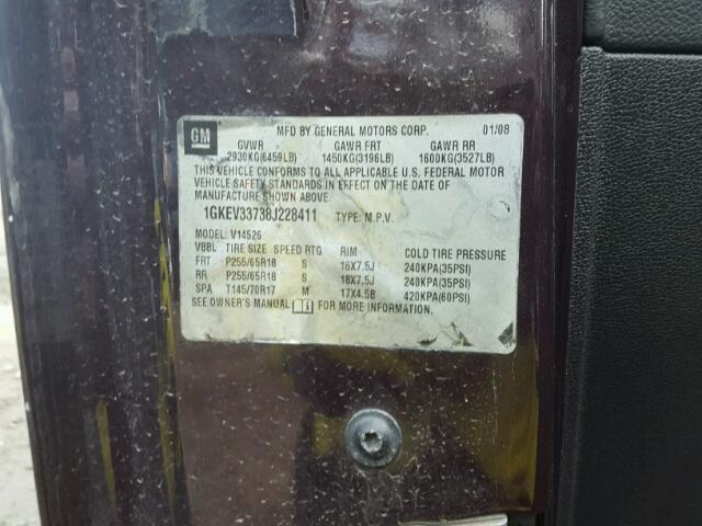 1GKEV33738J228411 - 2008 GMC ACADIA SLT Bordo foto 10