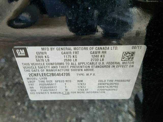 2CNFLEEC2B6464706 - 2011 CHEVROLET EQUINOX LT BLACK photo 10